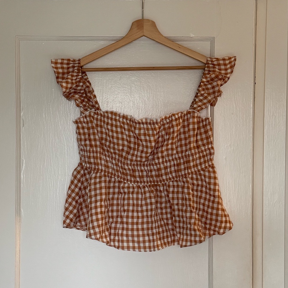 Carly Jean Los Angeles Brown and White Gingham Ruffle Strap Camisole